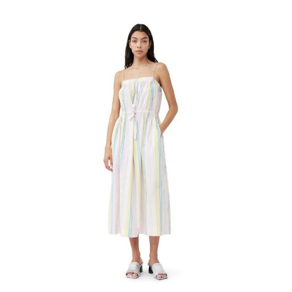 Ganni Boho Striped Cotton Middi Spring Strappy Dress Size 38 US 6 Medium